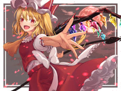 Rule 34 | 1girl, :d, ascot, back bow, blonde hair, blouse, bow, commentary request, cowboy shot, crystal, fang, fingernails, flandre scarlet, frilled skirt, frilled sleeves, frills, hair between eyes, hat, hat ribbon, highres, holding, holding polearm, holding weapon, long hair, looking at viewer, mob cap, moon, multicolored wings, nail polish, open mouth, outstretched arm, outstretched hand, polearm, puffy short sleeves, puffy sleeves, red eyes, red moon, red nails, red ribbon, red skirt, red vest, ribbon, sharp fingernails, shirt, short sleeves, side ponytail, skirt, skirt set, smile, solo, spear the gungnir, touhou, vest, weapon, white bow, white hat, white shirt, wings, yellow ascot, yu sa1126