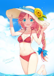 Rule 34 | 10s, 1girl, :d, barefoot, bikini, blue eyes, blush, bow, braid, breasts, cloud, collarbone, day, flower, hai to gensou no grimgar, hair bow, hands on headwear, hat, hat flower, hat ribbon, leg up, long hair, looking at viewer, low-tied long hair, merueto, navel, open mouth, outdoors, pink hair, red bikini, ribbon, single braid, sky, smile, solo, straw hat, swimsuit, very long hair, water, wet, yume (grimgar)