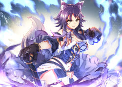 Rule 34 | 1girl, animal ear fluff, animal ears, apron, bare shoulders, belt, black gloves, blush, breasts, cleavage, collarbone, crop top, detached sleeves, fang, fire, fur trim, gloves, hero (10cl3), highres, large breasts, looking at viewer, makoto (cinderella) (princess connect!), makoto (princess connect!), midriff, navel, open mouth, princess connect!, purple fire, purple hair, purple skirt, sidelocks, skirt, solo, translation request, waist apron, white apron, wolf ears, wolf girl, yellow eyes