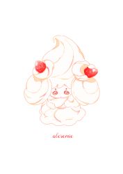 Rule 34 | alcremie, alcremie (strawberry sweet), character name, closed mouth, creatures (company), food, fruit, full body, game freak, gen 8 pokemon, hagetapo, hands up, nintendo, no humans, pokemon, pokemon (creature), red eyes, simple background, solo, strawberry, white background