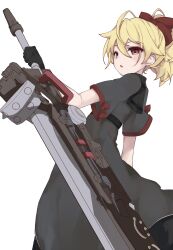 Rule 34 | 1girl, ahoge, andou tazusa, arm at side, assault lily, black gloves, blonde hair, bow, commentary request, cowboy shot, dress, from below, from side, gloves, greatsword, grey dress, hair between eyes, hair bow, hand up, high ponytail, highres, holding, holding sword, holding weapon, huge weapon, kuro ula, looking at viewer, looking to the side, official alternate costume, parted lips, ponytail, red bow, red eyes, short hair, short sleeves, simple background, sleeve bow, solo, standing, sword, weapon, white background