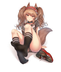 Rule 34 | 1girl, absurdres, angelina (arknights), animal ears, arknights, arm support, ass, black choker, black shirt, black shorts, black socks, breasts, choker, collarbone, feet, unworn footwear, foreshortening, fox ears, fox girl, fox tail, highres, knees up, long hair, looking at viewer, micro shorts, orange eyes, orange hair, shadow, shirt, shoes, unworn shoes, short sleeves, shorts, simple background, sitting, skindentation, socks, solo, tail, thighs, twintails, white background, yuemanhuaikong