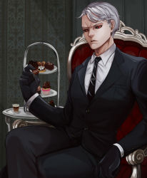 Rule 34 | 1boy, black gloves, black sclera, chocolate, colored sclera, cupcake, food, formal, gloves, grey hair, highres, jojo no kimyou na bouken, male focus, necktie, red eyes, risotto nero, rokiru, sitting, solo, suit, tiered tray
