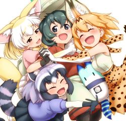 Rule 34 | 10s, 4girls, :d, ^ ^, animal ears, black eyes, black gloves, blonde hair, bow, bowtie, brown eyes, closed eyes, commentary request, common raccoon (kemono friends), elbow gloves, extra ears, closed eyes, fang, fennec (kemono friends), fox ears, fox tail, fur-trimmed gloves, fur trim, girl sandwich, gloves, green hair, grey hair, group hug, hair between eyes, happy, high-waist skirt, holding hands, hug, interlocked fingers, kaban (kemono friends), kemono friends, kobamiso (kobalt), lucky beast (kemono friends), multicolored hair, multiple girls, open mouth, print gloves, print skirt, puffy short sleeves, puffy sleeves, raccoon ears, raccoon tail, red shirt, sandwiched, serval (kemono friends), serval print, shirt, short hair, short sleeves, shorts, simple background, skirt, sleeveless, sleeveless shirt, smile, tail, white background, white hair, white shirt, yellow neckwear