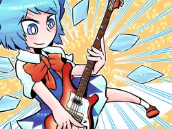 Rule 34 | 1girl, bass guitar, blue eyes, blue hair, bow, bowtie, cirno, emphasis lines, ice, ice wings, instrument, matching hair/eyes, music, playing instrument, rickenbacker, rickenbacker 4001, short hair, solo, touhou, wings, yume giwa