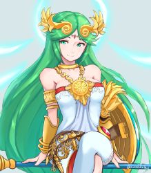 Rule 34 | ancient greek clothes, bare shoulders, chiton, forehead jewel, gauntlets, gold necklace, green eyes, green hair, grimmelsdathird, highres, jewelry, kid icarus, kid icarus uprising, long hair, looking to the side, necklace, nintendo, palutena, parted bangs, shield, sitting, solo, staff, thighhighs, very long hair