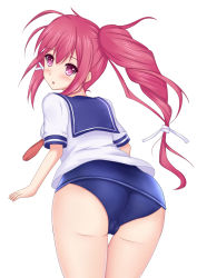 Rule 34 | 10s, 1girl, ass, bad id, bad pixiv id, highres, i-168 (kancolle), kantai collection, long hair, looking back, personification, ponytail, red eyes, red hair, school swimsuit, school uniform, serafuku, swimsuit, swimsuit under clothes, terakoya
