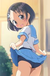 Rule 34 | 1girl, ass, backlighting, black hair, black one-piece swimsuit, clothes lift, hair ornament, hairclip, idolmaster, idolmaster cinderella girls, lifted by self, looking at viewer, looking back, one-piece swimsuit, open mouth, sasaki chie, school swimsuit, school uniform, serafuku, short hair, skirt, skirt lift, solo, swimsuit, swimsuit under clothes, yama tatsuo