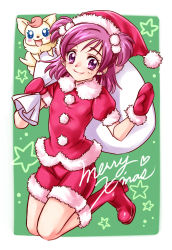 Rule 34 | 00s, 1girl, bad id, bad pixiv id, boots, christmas, coco (precure 5), coco (yes! precure 5), creature, full body, gloves, green background, hat, highres, merry christmas, mittens, nekozawa yukari, pink hair, precure, purple eyes, red mittens, santa costume, santa hat, short hair, shorts, smile, two side up, yes! precure 5, yumehara nozomi