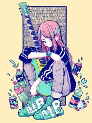 Rule 34 | 1girl, absurdres, aqua footwear, black jacket, blush stickers, bottle, can, crisalys, drink, full body, grey pants, guitar, highres, instrument, jacket, liquid, long hair, long sleeves, no nose, original, pants, pink hair, shoes, solo, squatting, watch, yellow background