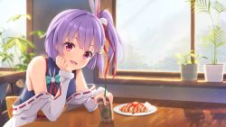Rule 34 | 1girl, :d, bare shoulders, blush, cafe, cup, disposable cup, flower, hair flower, hair ornament, hair ribbon, head rest, highres, hitotose fumika, looking at viewer, medium hair, off shoulder, one side up, open mouth, purple hair, red eyes, red ribbon, ribbon, smile, solo, tenjin kotone, tenjin kotone (channel), virtual youtuber