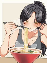 Rule 34 | 1girl, black hair, blowing, blush, bowl, breasts, chopsticks, cleavage, collarbone, food, hair ornament, high ponytail, holding, holding chopsticks, idolmaster, idolmaster shiny colors, jewelry, large breasts, long hair, necklace, noodles, paddy field, ponytail, ramen, shirase sakuya, steam, yellow eyes