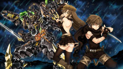 Rule 34 | 1boy, 1girl, absurdres, arm blade, ass, backless outfit, bad id, bad pixiv id, black scarf, black skirt, black thighhighs, boots, breasts, brown eyes, brown footwear, brown hair, brown headwear, clenched hand, garimpeiro, glowing, glowing eyes, hair behind ear, highres, holding, holding knife, knife, long hair, looking at viewer, looking back, mecha, open hand, open mouth, original, panties, robot, scarf, science fiction, skirt, small breasts, smile, thighhighs, underwear, weapon, white panties, yellow eyes
