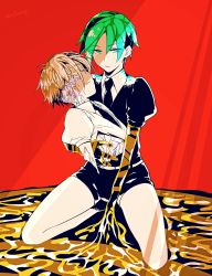 Rule 34 | 2others, amputee, androgynous, antarcticite, highres, holding person, houseki no kuni, looking at viewer, multiple others, phosphophyllite, red background, spoilers, tagme, utenmp