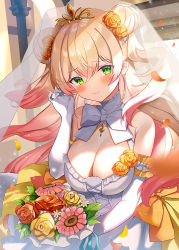 Rule 34 | 1girl, adjusting hair, arm up, blonde hair, blush, bouquet, bow, breasts, cleavage, double bun, dress, elbow gloves, flower, gloves, green eyes, hair between eyes, hair bun, hair flower, hair ornament, holding, hololive, jewelry, large breasts, long hair, looking at viewer, momosuzu nene, multicolored hair, petals, pink hair, ring, satoupote, smile, solo, tearing up, tiara, two side up, upper body, veil, virtual youtuber, wedding dress, white bow, white dress, white gloves, yellow bow