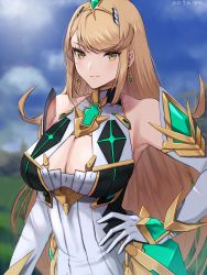 Rule 34 | 1girl, bare shoulders, blonde hair, blue sky, breasts, chest jewel, circlet, cleavage, cleavage cutout, closed eyes, clothing cutout, cloud, cloudy sky, dress, earrings, elbow gloves, gloves, hand on own hip, highres, jewelry, large breasts, long hair, looking at viewer, mythra (xenoblade), outdoors, sky, smile, solo, swept bangs, white dress, white gloves, xenoblade chronicles (series), xenoblade chronicles 2, yamamori kinako, yellow eyes