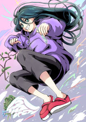 1girl absurdres black_hair black_pants full_body hair_between_eyes highres hirose_natsuko hood hoodie long_hair long_sleeves looking_at_viewer outdoors pants red_shoes ryo_sidery smile solo zenshuu