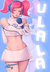 Rule 34 | 1girl, bare shoulders, blue eyes, character name, cozychuuu, crop top, gloves, highres, lips, medium hair, microphone, miniskirt, pink hair, skirt, sleeveless, space channel 5, twintails, ulala
