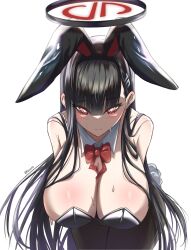 Rule 34 | 1girl, absurdres, black hair, blue archive, bow, bowtie, breasts, cleavage, commentary, copyright request, detached collar, halo, highres, large breasts, leotard, long hair, looking at viewer, panvyru, playboy bunny, rio (blue archive), solo, sweat, very long hair