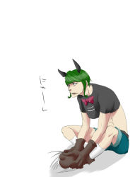 Rule 34 | 1boy, ahi tb, animal ears, bow, bowtie, cat boy, cat ears, gloves, green hair, male focus, one piece, open mouth, sham (one piece), simple background, sitting, solo, white background