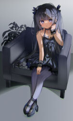 Rule 34 | 1girl, :/, arm rest, bare arms, bare shoulders, black choker, black dress, black footwear, black hair, blunt bangs, bow, buttons, choker, closed mouth, couch, crossed ankles, d omm, dress, flat chest, full body, grey pantyhose, hair bow, hair ornament, hairclip, hand to head, hand up, high heels, highres, indoors, lace, lace-trimmed dress, lace trim, legs together, long hair, looking at viewer, on couch, original, pantyhose, plant, purple eyes, shadow, short dress, sitting, striped clothes, striped pantyhose, twintails, vertical-striped clothes, vertical-striped pantyhose, very long hair, wrist cuffs