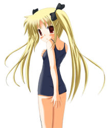 Rule 34 | 00s, 1girl, artist request, ass, blonde hair, blue one-piece swimsuit, blush, breasts, fate testarossa, from behind, hair ribbon, long hair, looking at viewer, looking back, lyrical nanoha, mahou shoujo lyrical nanoha, one-piece swimsuit, open mouth, red eyes, ribbon, school swimsuit, small breasts, swimsuit, twintails, white background