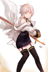 Rule 34 | 00s, 1girl, absurdres, annnna, black thighhighs, breasts, cleavage, dungeon and fighter, female slayer (dungeon and fighter), garter straps, highres, holding, holding sword, holding weapon, red eyes, short hair, silver hair, sketch, solo, sword, sword master (dungeon and fighter), swordmaster (dungeon and fighter), thighhighs, weapon