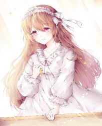 1girl brown_hair compact_(cosmetics) cosmetics dress goldia_die_heilige hairband highres luneu pink_eyes pocket_mirror red_ribbon ribbon solo white_dress white_hairband