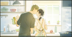 Rule 34 | 1boy, 1girl, apple, apron, black hair, black shirt, braid, brown apron, brown hair, closed eyes, counter, cutting board, faucet, floral print, food, from behind, fruit, hair ornament, hair scrunchie, hetero, holding, husband and wife, indoors, kiss, letterboxed, mono lith, original, print apron, profile, red apple, scrunchie, shirt, short sleeves, standing, white scrunchie, white shirt, window