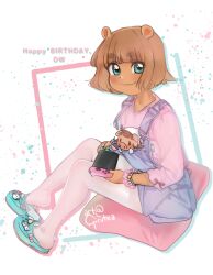 Rule 34 | animification, arthur (series), blunt bangs, brown hair, closed mouth, controller, crocs, dora winifred read, furry, furry female, game controller, girutea, green eyes, highres, holding, holding controller, holding game controller, looking at viewer, nintendo switch, overalls, pantyhose, pillow, shirt, short hair, simple background, sitting, smile, white shirt