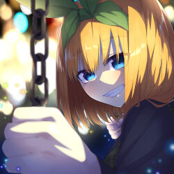 Rule 34 | 1girl, black jacket, blue eyes, blurry, blurry background, blush, chain, clenched hands, commentary request, depth of field, eyelashes, eyes visible through hair, foreshortening, go-toubun no hanayome, green hairband, green ribbon, grin, hair between eyes, hair over shoulder, hair ribbon, hairband, highres, holding, holding chain, jacket, light particles, looking at viewer, medium hair, nakano yotsuba, orange hair, ribbon, smile, solo, straight hair, swing, tamago sando