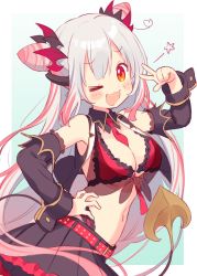 Rule 34 | 1girl, nanashi inc., ;d, arm up, armpits, bare shoulders, belt, between breasts, bikini, black skirt, breasts, cleavage, cone hair bun, crop top, demon tail, detached sleeves, front-tie top, hair bun, hair ornament, hand on own hip, highres, honey strap, kusumoto shizuru, large breasts, long hair, long sleeves, looking at viewer, miniskirt, multicolored hair, navel, necktie, one eye closed, open mouth, orange eyes, pleated skirt, red bikini, red hair, see-through, skirt, smile, solo, suou patra, swimsuit, tail, two-tone hair, upper body, vest, virtual youtuber, w, white hair, wing collar