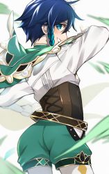 Rule 34 | 1boy, absurdres, aqua eyes, artist request, ass, blue hair, blush, braid, cape, from behind, genshin impact, grin, highres, leggings, leggings under shorts, looking at viewer, looking back, pantyhose, short hair with long locks, shorts, smile, solo, twin braids, venti (genshin impact), wind