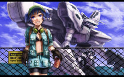 Rule 34 | 1girl, against fence, arm support, armored core, armored core: for answer, backpack, bad id, bad pixiv id, bag, bike shorts, bikini, bikini top only, blue eyes, blue hair, bra, can, chain-link fence, coca-cola, drink can, english text, female focus, fence, from software, gloves, grin, gun, hair bobbles, hair ornament, headphones, highres, kawashiro nitori, key, kurione (zassou), letterboxed, matching hair/eyes, mecha, product placement, randoseru, rifle, robot, short hair, sign, sleeves pushed up, sleeves rolled up, smile, soda can, solo, swimsuit, touhou, twintails, two side up, underwear, warning sign, weapon, white glint