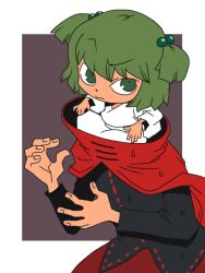 Rule 34 | 2girls, bow, cape, green eyes, green hair, hair bobbles, hair bow, hair ornament, headless, in container, japanese clothes, kimono, kisume, long sleeves, looking at viewer, multiple girls, onikobe rin, sekibanki, shirt, sitting, skirt, sweat, touhou, twintails, wide sleeves, yukata