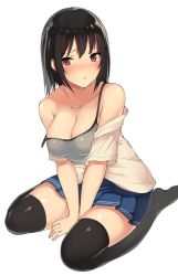 Rule 34 | 10s, 1girl, bare shoulders, black hair, blush, breasts, cleavage, kantai collection, kureha (ironika), looking at viewer, open mouth, red eyes, short hair, simple background, sitting, solo, strap slip, takao (kancolle), thighhighs, wariza