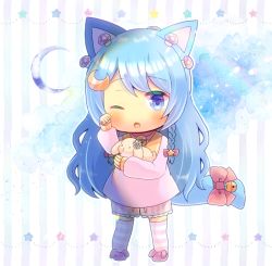Rule 34 | 1girl, ;o, animal, animal ears, animal slippers, bell, blue eyes, blue hair, bow, braid, chibi, commentary request, commission, copyright request, crescent, crescent hair ornament, flower, full body, hair ornament, hand up, jingle bell, kou hiyoyo, long hair, long sleeves, looking at viewer, mushroom on head, one eye closed, parted lips, pink bow, pink footwear, pink shirt, puffy long sleeves, puffy sleeves, rabbit, rubbing eyes, shirt, short shorts, shorts, skeb commission, sleepy, sleeves past wrists, slippers, solo, star (symbol), striped background, striped clothes, striped shorts, striped thighhighs, tail, tail bell, tail bow, tail ornament, thighhighs, vertical-striped clothes, vertical-striped shorts, very long hair, virtual youtuber, white flower
