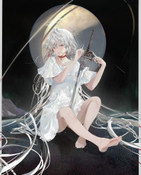 Rule 34 | 1girl, absurdres, bad id, bad pixiv id, barefoot, collarbone, crescent moon, dress, feet, frilled sleeves, frills, full body, grey eyes, grey hair, halo, hands up, highres, holding, jenmin12, legs, long hair, moon, multicolored hair, night, night sky, original, pointy ears, red hair, shadow, sitting, sky, soles, solo, streaked hair, sword, toes, very long hair, weapon, white dress