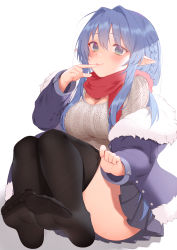 Rule 34 | 1girl, aqua eyes, aqua hair, artist request, black thighhighs, blue eyes, blue hair, blush, breasts, cleavage, elf, fairy, feet, finger to mouth, full body, highres, large breasts, long hair, looking at viewer, no shoes, off shoulder, original, pointy ears, red scarf, ribbed sweater, scarf, see-through, see-through legwear, skirt, smile, soles, sweater, tagme, thighhighs, toes, white background, zhaofeng yinyue