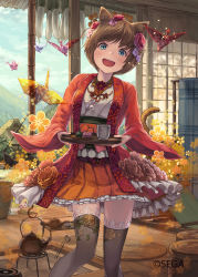 Rule 34 | :d, animal ears, blue eyes, blue sky, blush, bow, brown hair, cat, cat ears, cat tail, day, floral print, flower, hair flower, hair ornament, highres, holding, holding tray, house, indoors, official art, open mouth, orange skirt, origami, paper crane, rug, short hair, skirt, sky, sliding doors, smile, solo, standing, statue, tail, takanori yamada, teapot, thighhighs, tray, white cat, wide sleeves, wonderland wars