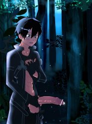 Rule 34 | 10s, 1boy, abs, black hair, censored, clothes lift, kirito, large penis, male focus, masturbation, muscular, outdoors, penis, pointless censoring, precum, shirt lift, solo, sword art online, testicles, tree, undressing