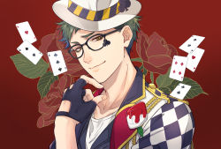 Rule 34 | 1boy, black jacket, black vest, brown eyes, card, closed mouth, club (shape), diamond (shape), facial mark, floating card, floral background, flower, glasses, green hair, hand on own face, hat, heart, highres, jacket, katena souka, looking at viewer, male focus, multicolored clothes, multicolored jacket, open clothes, open jacket, ornate clothes, red background, red flower, red rose, rose, rose background, shirt, short hair, smile, solo, spade (shape), trey clover, twisted wonderland, two-tone jacket, upper body, vest, white jacket, white shirt