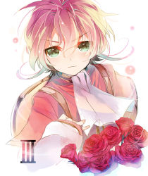 Rule 34 | &gt;:), 1girl, ascot, character request, copyright request, flower, hair between eyes, inazuma eleven (series), inazuma eleven go, looking at viewer, nekoto maruta, red flower, red rose, roman numeral, rose, simple background, smile, solo, upper body, v-shaped eyebrows, white background