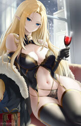 Rule 34 | 1girl, alcohol, alpha (kage no jitsuryokusha ni naritakute!), bare shoulders, black jacket, black panties, black thighhighs, blonde hair, blue eyes, box, breasts, cleavage, cup, cyicheng, detached sleeves, drinking glass, elf, fur-trimmed jacket, fur trim, gift, gift box, gold trim, jacket, kage no jitsuryokusha ni naritakute!, large breasts, long hair, looking at viewer, navel, off shoulder, panties, parted bangs, pointy ears, sitting, smile, solo, thighhighs, thighs, underwear, wine, wine glass