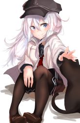 Rule 34 | 10s, 1girl, absurdres, alternate costume, anchor symbol, black pantyhose, blush, brown footwear, cat, hair between eyes, hibiki (kancolle), highres, jacket, kantai collection, long hair, looking at another, looking at viewer, miniskirt, outstretched arm, pantyhose, pleated skirt, ranf, sailor collar, school uniform, shoes, sitting, skirt, smile, track jacket, white hair