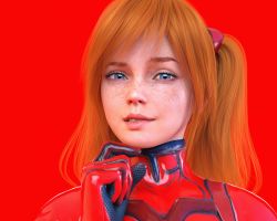 Rule 34 | 1girl, alternate hairstyle, artist request, blue eyes, bodysuit, freckles, highres, interface headset, lips, long hair, looking at viewer, multicolored bodysuit, multicolored clothes, neon genesis evangelion, orange hair, pilot suit, plugsuit, realistic, red background, red bodysuit, shiny clothes, smile, solo, souryuu asuka langley, standing, tsundere, twintails, upper body