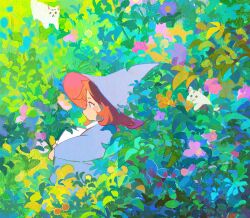 Rule 34 | 1girl, blush stickers, bush, cat, commentary, flower, from side, hat, highres, mengxuanliart, original, purple eyes, purple headwear, purple robe, red hair, robe, short hair, symbol-only commentary, white cat, witch, witch hat