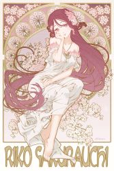 Rule 34 | 10s, 1girl, art nouveau, bare shoulders, barefoot, birthday, character name, cherry blossoms, dress, female focus, flower, full body, hair flower, hair ornament, halterneck, hand on lap, hand on own cheek, hand on own face, happy birthday, head rest, head tilt, highres, index finger raised, invisible chair, long hair, looking at viewer, love live!, love live! school idol festival, love live! sunshine!!, no bra, off-shoulder dress, off shoulder, pink eyes, plant, red hair, sakurauchi riko, sitting, smile, solo, tomiwo, twitter username, very long hair, white dress, yellow eyes