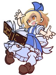 Rule 34 | 1girl, alice margatroid, alice margatroid (pc-98), back bow, blonde hair, blue hairband, blue ribbon, blue skirt, book, bow, brown footwear, collared shirt, frilled skirt, frills, full moon, grimoire of alice, hair ribbon, hairband, kneehighs, miniskirt, moon, open book, open mouth, orange eyes, outstretched arms, parody, puffy short sleeves, puffy sleeves, puyopuyo, ribbon, shaded face, shinmon akika, shirt, shoes, short hair, short sleeves, skirt, smile, socks, style parody, suspenders, teeth, touhou, touhou (pc-98), upper teeth only, v-shaped eyebrows, white background, white bow, white shirt, white socks