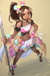 Rule 34 | 1girl, :d, bare shoulders, black shorts, brown eyes, brown hair, crop top, dark-skinned female, dark skin, fire emblem, fire emblem engage, full body, hair ornament, holding, holding polearm, holding weapon, long hair, looking at viewer, navel, nintendo, open mouth, polearm, ponytail, robaco, shorts, shorts under skirt, skirt, smile, solo, star-shaped pupils, star (symbol), symbol-shaped pupils, timerra (fire emblem), twitter username, weapon